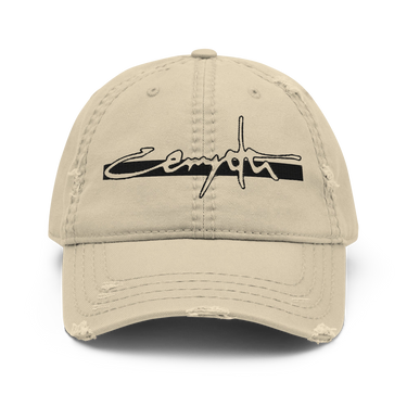 Front view of an distressed hat in white. “Cerydra” is embroidered in stylized script, centered above the brim.