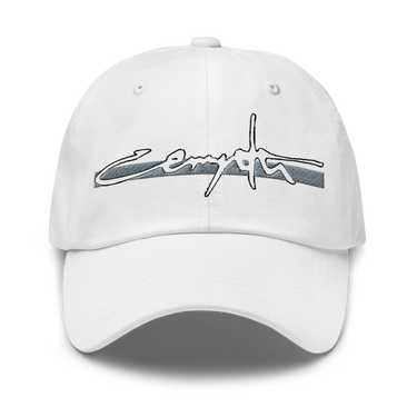 Front view of an baseball cap in white. “Cerydra” is embroidered in stylized script, centered above the brim.