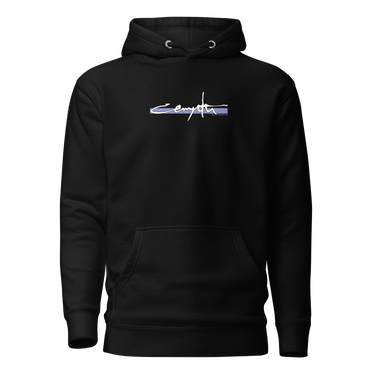 Front view of an hoodie in black. Design showcases the word "Cerydra" in a stylized white script over a blue underline across the chest. Accompanied by "Rule Sundered"