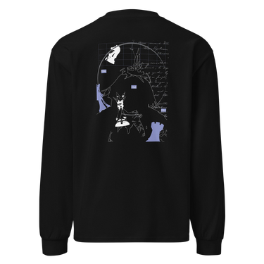 Back view of an longsleeve in black. Design features a large graphic showing a silhouette of Cerydra from Honkai: Star Rail, surrounded by abstract line art, handwritten text, strategic grid elements, and chess piece motifs in white and light blue.