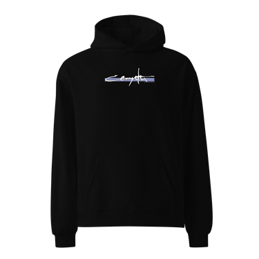 Front view of an oversized hoodie in black. Design showcases the word "Cerydra" in a stylized white script over a blue underline across the chest. Accompanied by "Rule Sundered"