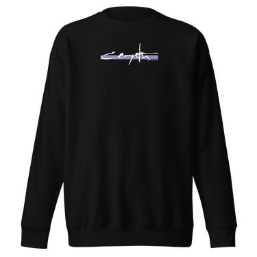 Front view of an sweatshirt in black. Design showcases the word "Cerydra" in a stylized white script over a blue underline across the chest. Accompanied by "Rule Sundered"
