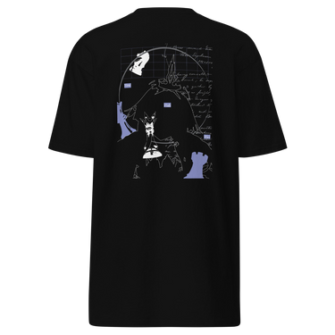 Back view of an t-shirt in black. Design features a large graphic showing a silhouette of Cerydra from Honkai: Star Rail, surrounded by abstract line art, handwritten text, strategic grid elements, and chess piece motifs in white and light blue.