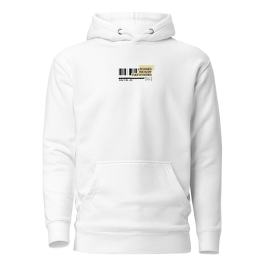 Front view of an hoodie. A small graphic on the left chest resembles a product label, featuring a black barcode next to a pale yellow box with the words "ROGUES" and "FLEET-FOOTED" inside.