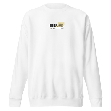 Front view of an sweatshirt. A small graphic on the left chest resembles a product label, featuring a black barcode next to a pale yellow box with the words "ROGUES" and "FLEET-FOOTED" inside.