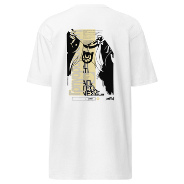 Back view of an shirt. A large, vertical graphic in black and pale yellow is centered on the back, featuring a high-contrast silhouette of Cipher from Honkai: Star Rail’s head and neck. The design is a collage layered with large, stylized Greek or Cyrillic text and smaller paragraphs.