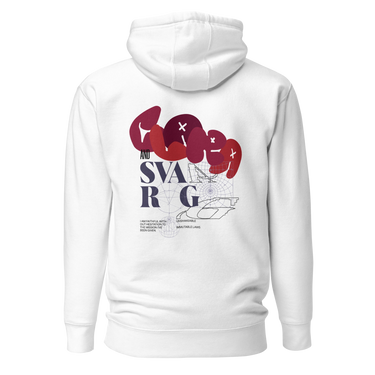 Back view of a solid-colored hoodie. A large collage graphic on the upper back features the words "Clara" and "Svarog" in stylized fonts, layered over fine-line schematic diagrams.