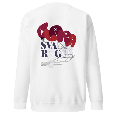 Back view of a solid-colored sweatshirt. A large collage graphic on the upper back features the words "Clara" and "Svarog" in stylized fonts, layered over fine-line schematic diagrams.