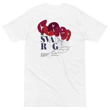 Back view of a solid-colored shirt. A large collage graphic on the upper back features the words "Clara" and "Svarog" in stylized fonts, layered over fine-line schematic diagrams.