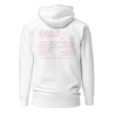 Back view of an hoodie in white. The design includes stylized text at the top reading ‘ODES As I’ve Written’ with a small decorative image beside it. Below this header, a grid-like arrangement lists words in Roman numeral order, such as ‘WORLD,’ ‘ROMANCE,’ ‘PASSAGE,’ ‘OCEAN,’ ‘DEATH,’ ‘SKY,’ ‘TIME,’ ‘EARTH,’ ‘TRICKERY,’ ‘LAW,’ ‘REASON,’ and ‘STRIFE.’ The typography mixes serif and decorative styles, giving the shirt a poetic, vintage-inspired aesthetic.