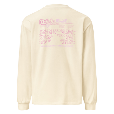 Back view of an longsleeve in beige. The design includes stylized text at the top reading ‘ODES As I’ve Written’ with a small decorative image beside it. Below this header, a grid-like arrangement lists words in Roman numeral order, such as ‘WORLD,’ ‘ROMANCE,’ ‘PASSAGE,’ ‘OCEAN,’ ‘DEATH,’ ‘SKY,’ ‘TIME,’ ‘EARTH,’ ‘TRICKERY,’ ‘LAW,’ ‘REASON,’ and ‘STRIFE.’ The typography mixes serif and decorative styles, giving the shirt a poetic, vintage-inspired aesthetic.
