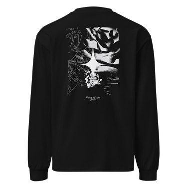 Back view of an longsleeve in black. The design showcases a large, intricate graphic centered on the upper back. A radiant, four-point star form sits in the middle, surrounded by fragmented abstract shapes, and faint technical linework. Scattered numbers and coordinates appear along the right side, adding a coded, data-driven atmosphere. At the bottom of the composition, serif text reads “Verse & Vow,” followed by the word “genesis” in delicate handwritten script.
