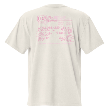 Back view of an oversized tee in faded bone. The design includes stylized text at the top reading ‘ODES As I’ve Written’ with a small decorative image beside it. Below this header, a grid-like arrangement lists words in Roman numeral order, such as ‘WORLD,’ ‘ROMANCE,’ ‘PASSAGE,’ ‘OCEAN,’ ‘DEATH,’ ‘SKY,’ ‘TIME,’ ‘EARTH,’ ‘TRICKERY,’ ‘LAW,’ ‘REASON,’ and ‘STRIFE.’ The typography mixes serif and decorative styles, giving the shirt a poetic, vintage-inspired aesthetic.