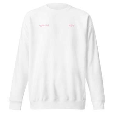 Front view of an sweatshirt in white. Design features small text printed across the upper chest: the word ‘genesis’ on the left side, preceded by a circular symbol, and the word ‘ego’ on the right side preceded by a music note.