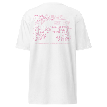 Back view of an t-shirt in white. The design includes stylized text at the top reading ‘ODES As I’ve Written’ with a small decorative image beside it. Below this header, a grid-like arrangement lists words in Roman numeral order, such as ‘WORLD,’ ‘ROMANCE,’ ‘PASSAGE,’ ‘OCEAN,’ ‘DEATH,’ ‘SKY,’ ‘TIME,’ ‘EARTH,’ ‘TRICKERY,’ ‘LAW,’ ‘REASON,’ and ‘STRIFE.’ The typography mixes serif and decorative styles, giving the shirt a poetic, vintage-inspired aesthetic.