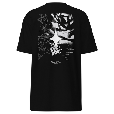 Back view of an t-shirt in black. The design showcases a large, intricate graphic centered on the upper back. A radiant, four-point star form sits in the middle, surrounded by fragmented abstract shapes, and faint technical linework. Scattered numbers and coordinates appear along the right side, adding a coded, data-driven atmosphere. At the bottom of the composition, serif text reads “Verse & Vow,” followed by the word “genesis” in delicate handwritten script.