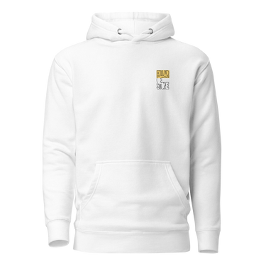 Front view of an hoodie in white. Design features a small graphic on the left chest. The graphic has the phrase "Pillar of Stone" stacked word on word in all caps. The word "Pillar" is highlighted in yellow.