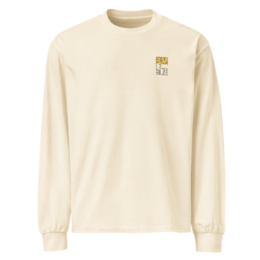 Front view of an longsleeve in ecru. Design features a small graphic on the left chest. The graphic has the phrase "Pillar of Stone" stacked word on word in all caps. The word "Pillar" is highlighted in yellow.