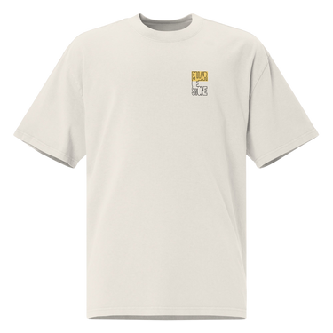 Front view of an oversized tee in faded bone. Design features a small graphic on the left chest. The graphic has the phrase "Pillar of Stone" stacked word on word in all caps. The word "Pillar" is highlighted in yellow.