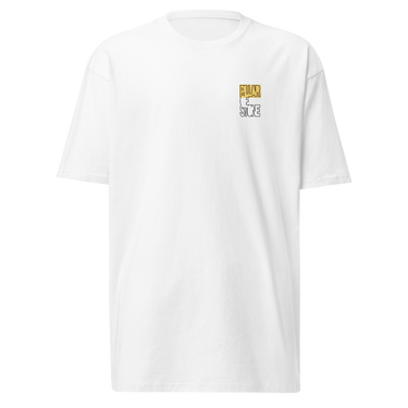 Front view of an t-shirt in white. Design features a small graphic on the left chest. The graphic has the phrase "Pillar of Stone" stacked word on word in all caps. The word "Pillar" is highlighted in yellow.