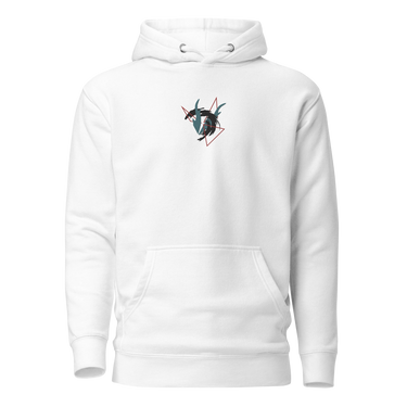 Front view of a solid-colored hoodie. A small embroidered graphic on the chest features two stylized, high-contrast dragon-like shapes intertwined within an abstract, angular frame.