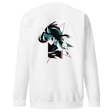 Back view of a solid-colored sweatshirt. A large, high-contrast graphic on the upper back features a stylized illustration of the character Dan Heng from Honkai: Star Rail, framed by abstract angular lines.