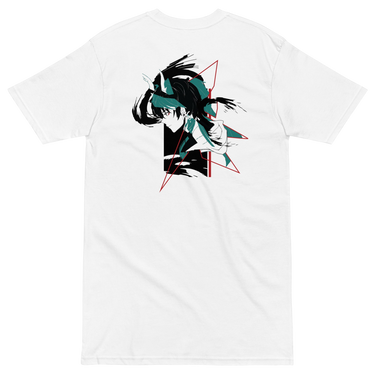 Back view of a solid-colored shirt. A large, high-contrast graphic on the upper back features a stylized illustration of the character Dan Heng from Honkai: Star Rail, framed by abstract angular lines.