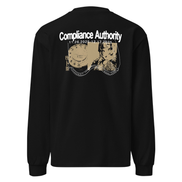Back view of an longsleeve in black. A large graphic composition spans the upper back, featuring the phrase “Compliance Authority” in bold at the top, with a date range centered beneath it. Below, a rectangular collage combines a textured illustration of a dial-like object and a stylized figure, framed by vertical bars with additional characters. Thin linework of symmetrical wings extends outward from the bottom edge of the collage, adding contrast to the overall layered design.