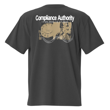 Back view of an oversized tee in black. A large graphic composition spans the upper back, featuring the phrase “Compliance Authority” in bold at the top, with a date range centered beneath it. Below, a rectangular collage combines a textured illustration of a dial-like object and a stylized figure, framed by vertical bars with additional characters. Thin linework of symmetrical wings extends outward from the bottom edge of the collage, adding contrast to the overall layered design.