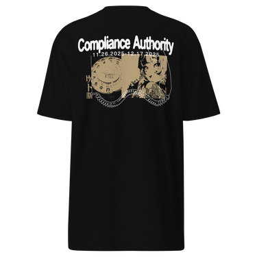 Back view of an t-shirt in black. A large graphic composition spans the upper back, featuring the phrase “Compliance Authority” in bold at the top, with a date range centered beneath it. Below, a rectangular collage combines a textured illustration of a dial-like object and a stylized figure, framed by vertical bars with additional characters. Thin linework of symmetrical wings extends outward from the bottom edge of the collage, adding contrast to the overall layered design.