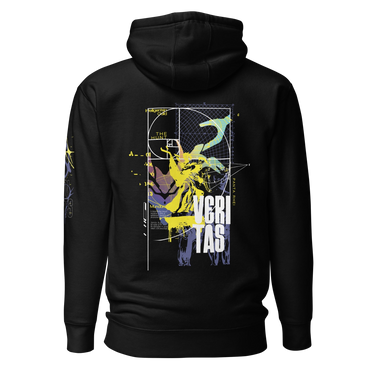 Back view of a solid-colored hoodie. A large, complex collage graphic on the upper back is framed by the lines of the golden ratio spiral. It features a high-contrast illustration of a classical bust and the prominent, distressed text "VERITAS".