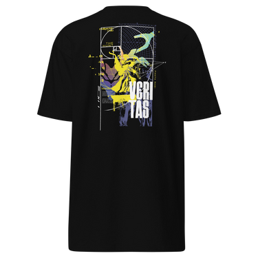 Back view of a solid-colored shirt. A large, complex collage graphic on the upper back is framed by the lines of the golden ratio spiral. It features a high-contrast illustration of a classical bust and the prominent, distressed text "VERITAS".