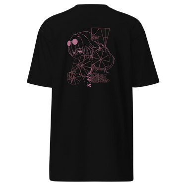 Back view of a solid-colored shirt. A large graphic on the upper back features a fine-line illustration of the character Kafka from Honkai: Star Rail. The design is interwoven with large, web-like geometric patterns and small blocks of text.