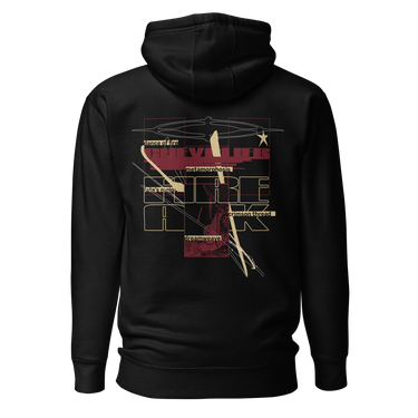 Back view of a solid-colored, hoodie. A large collage graphic is centered on the back, dominated by large, overlapping, outline-style typography. The design is layered with rectangular blocks, fine sketchy lines, and multiple smaller blocks of text, creating a deconstructed, schematic look. Featured text includes “Fire” “Atk” “Chevalier” “Dance of fire” “Dreamweave” amongst other phrases.
