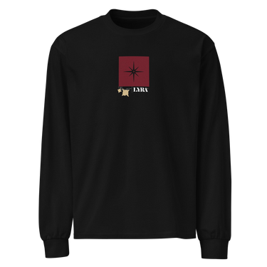Front view of a solid-colored, longsleeve. A small graphic is centered on the chest, featuring a solid vertical rectangle containing a four-pointed star. The word "LYRA" is next to it, and two small charm-like shapes hang from the bottom.