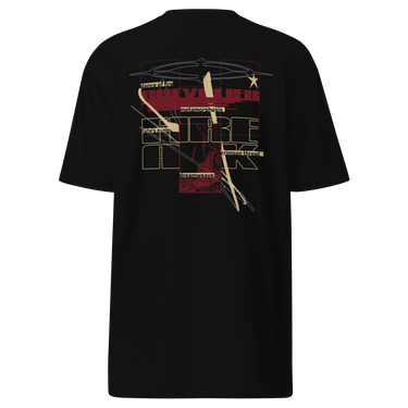 Back view of a solid-colored, shirt. A large collage graphic is centered on the back, dominated by large, overlapping, outline-style typography. The design is layered with rectangular blocks, fine sketchy lines, and multiple smaller blocks of text, creating a deconstructed, schematic look. Featured text includes “Fire” “Atk” “Chevalier” “Dance of fire” “Dreamweave” amongst other phrases.