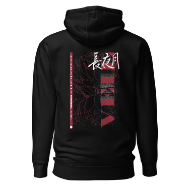 Back view of an hoodie in black. Design features a large vertical graphic inspired by Honkai: Star Rail. The design includes line art of a character's silhouette, with text for "Evernight" in Chinese/Kanji (長夜月), and additional text elements.