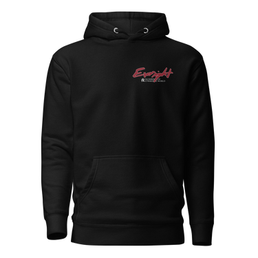 Front view of an hoodie in black. Star Rail Evernight design showing a small red graphic on the left chest. The graphic features the word “Evernight” in a handwritten style above smaller text that reads “Slumber Now, O Wakeful World,” with a Chinese character for “Night.”