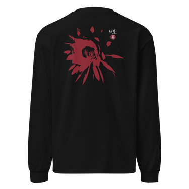 Back view of an longsleeve in black. HSR Evernight inspired design shows a large abstract red flower graphic in the center. Above the flower, text reads “veil” with a red circular stamp containing a chinese character.