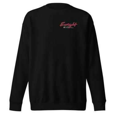 Front view of an sweatshirt in black. Star Rail Evernight design showing a small red graphic on the left chest. The graphic features the word “Evernight” in a handwritten style above smaller text that reads “Slumber Now, O Wakeful World,” with a Chinese character for “Night.”