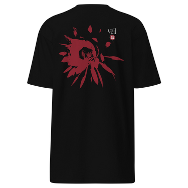 Back view of an t-shirt in black. HSR Evernight inspired design shows a large abstract red flower graphic in the center. Above the flower, text reads “veil” with a red circular stamp containing a chinese character.