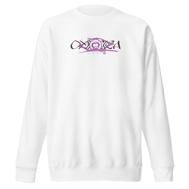 Front view of a solid-colored sweatshirt. A graphic on the chest features the word "OMNISCIA" in a stylized font, with a circular, eye-like symbol integrated into the center.