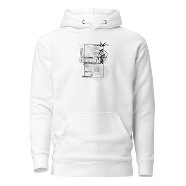 Front view of a solid-colored hoodie. A large, vertical collage graphic with a manga-style aesthetic is centered on the chest. The design features a partial illustration of a Feixiao from Honkai: Star Rail’s face, various blocks of stylized English text, and a large, brush-stroke style East Asian character in a circle.