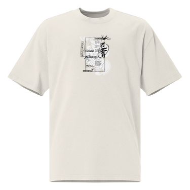 Front view of a solid-colored oversized-tee. A large, vertical collage graphic with a manga-style aesthetic is centered on the chest. The design features a partial illustration of a Feixiao from Honkai: Star Rail’s face, various blocks of stylized English text, and a large, brush-stroke style East Asian character in a circle.