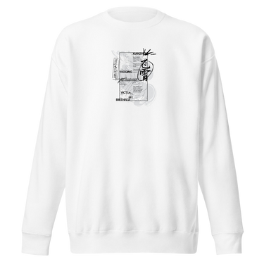 Front view of a solid-colored sweatshirt. A large, vertical collage graphic with a manga-style aesthetic is centered on the chest. The design features a partial illustration of a Feixiao from Honkai: Star Rail’s face, various blocks of stylized English text, and a large, brush-stroke style East Asian character in a circle.
