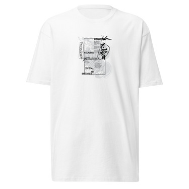 Front view of a solid-colored shirt. A large, vertical collage graphic with a manga-style aesthetic is centered on the chest. The design features a partial illustration of a Feixiao from Honkai: Star Rail’s face, various blocks of stylized English text, and a large, brush-stroke style East Asian character in a circle.