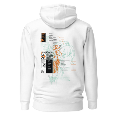 Back view of a solid-colored hoodie. A large, complex graphic on the upper back features a fine-line illustration of Firefly from Honkai: Star Rail’s face, overlaid with a dense collage of technical schematics, data readouts, and various symbols.