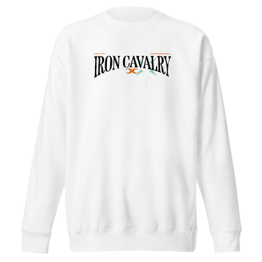 Front view of a solid-colored sweatshirt. A graphic centered on the chest features the words "IRON CAVALRY" in an elegant, arched serif font, with a small icon of two mirrored axe heads in the center.