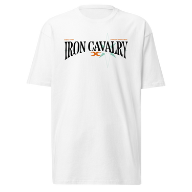 Front view of a solid-colored shirt. A graphic centered on the chest features the words "IRON CAVALRY" in an elegant, arched serif font, with a small icon of two mirrored axe heads in the center.