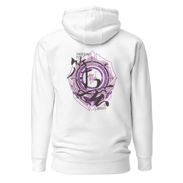 Back view of a solid-colored hoodie. A large, ornate crest-like graphic on the upper back features a central circular emblem surrounded by geometric shapes and framed by text.